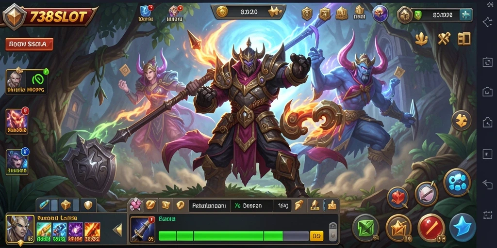 Menampilkan momen seru dalam gameplay MMORPG 738SLOT.