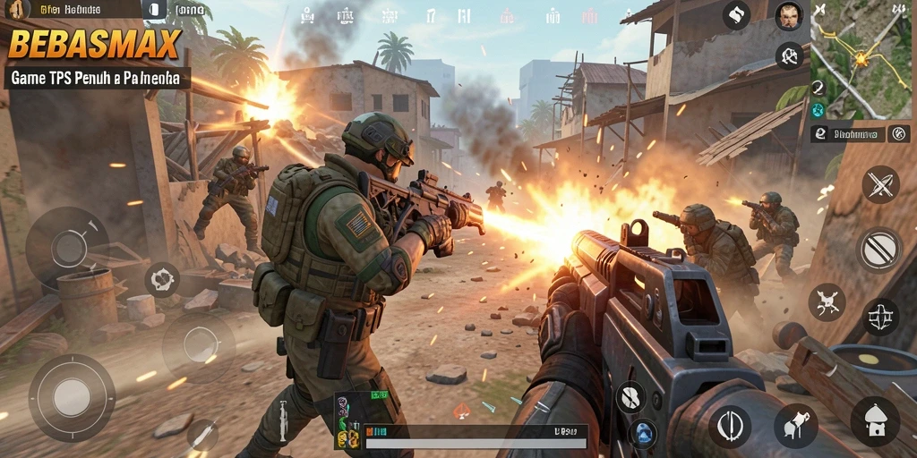 Tangkapan layar utama BEBASMAX menampilkan aksi menegangkan dalam gameplay TPS.