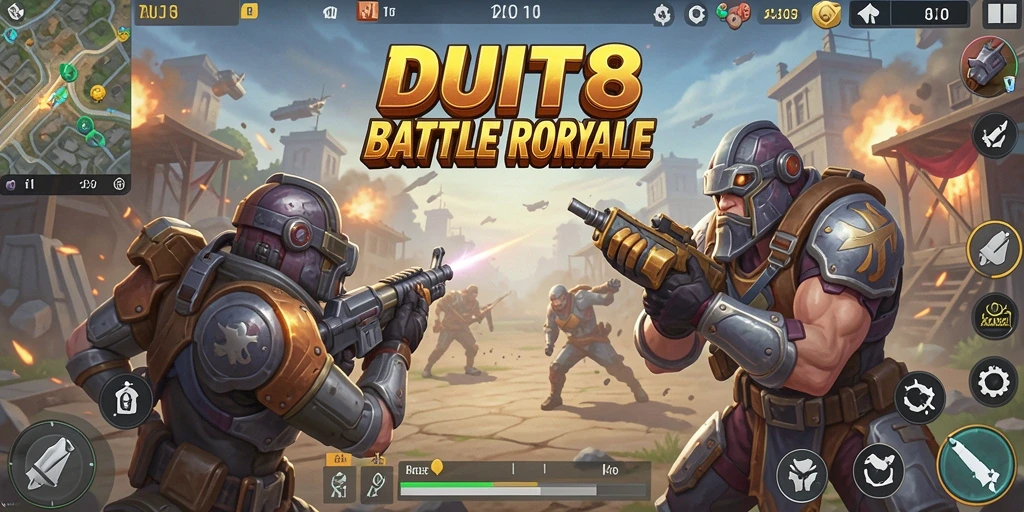 Screenshot gameplay pertempuran epik dalam DUIT8 Battle Royale.