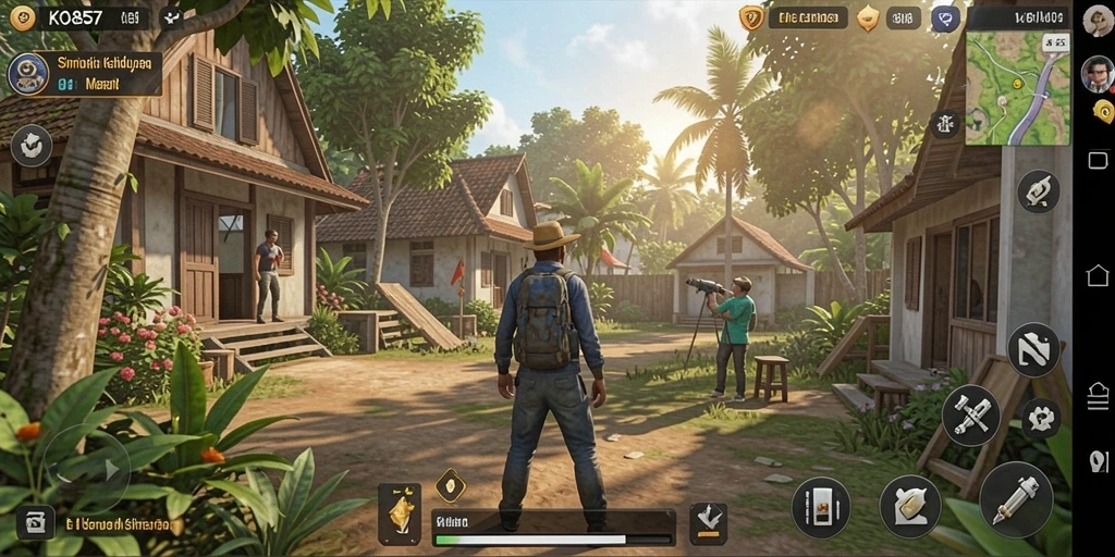Screenshot gameplay KO857 yang menunjukkan interaksi karakter dan lingkungan.