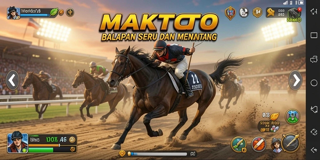 Tampilan gameplay <strong>MAKTOTO</strong> dengan mobil balap melaju cepat di lintasan.