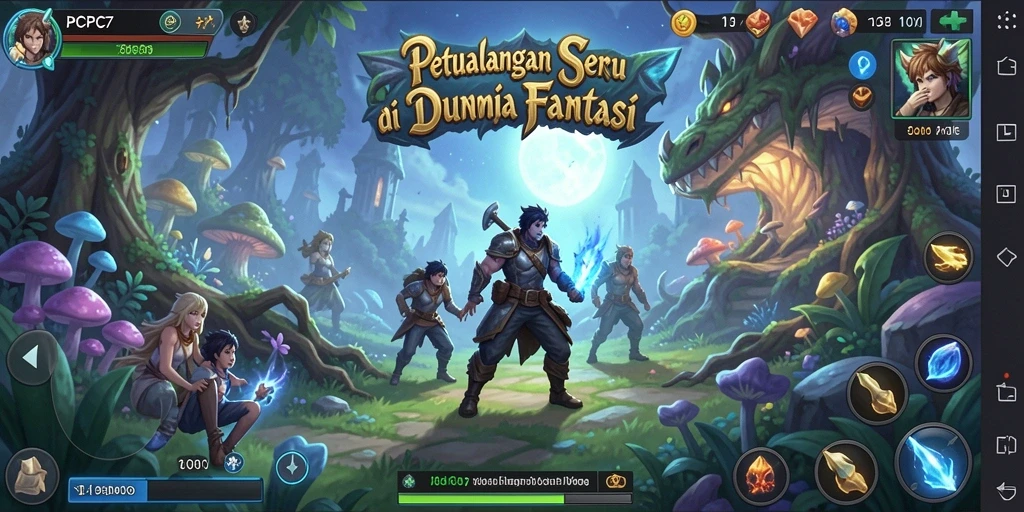 Screenshot menunjukkan karakter utama berpetualang di hutan ajaib.