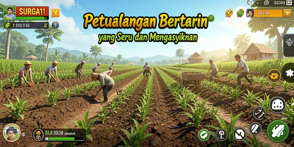 Tampilan gameplay SURGA11 yang menampilkan lahan pertanian yang subur dan aktif.